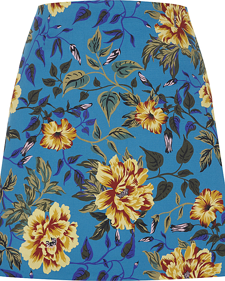 Blue floral print A line mini shirt
