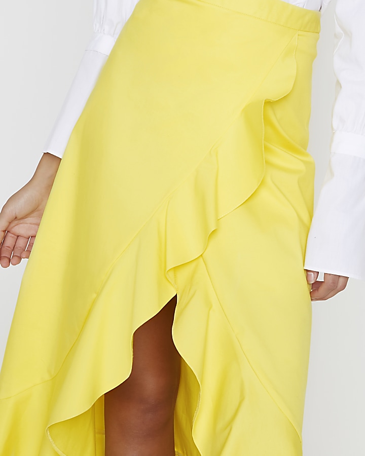 Yellow frill wrap front midi skirt