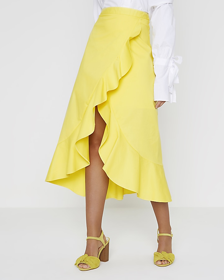 Yellow frill wrap front midi skirt