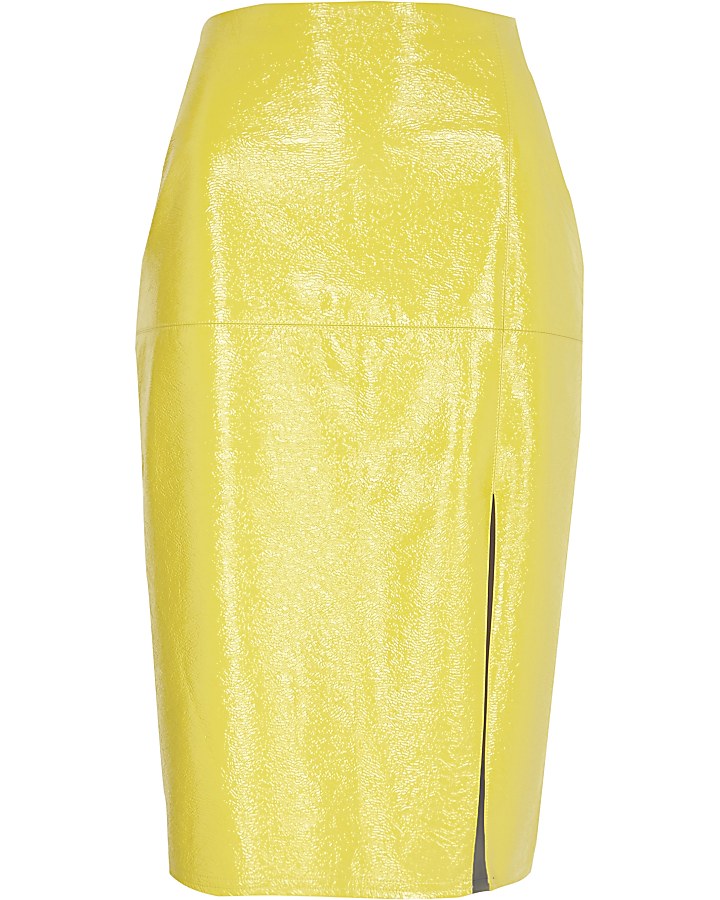 Yellow front split vinyl pencil skirt