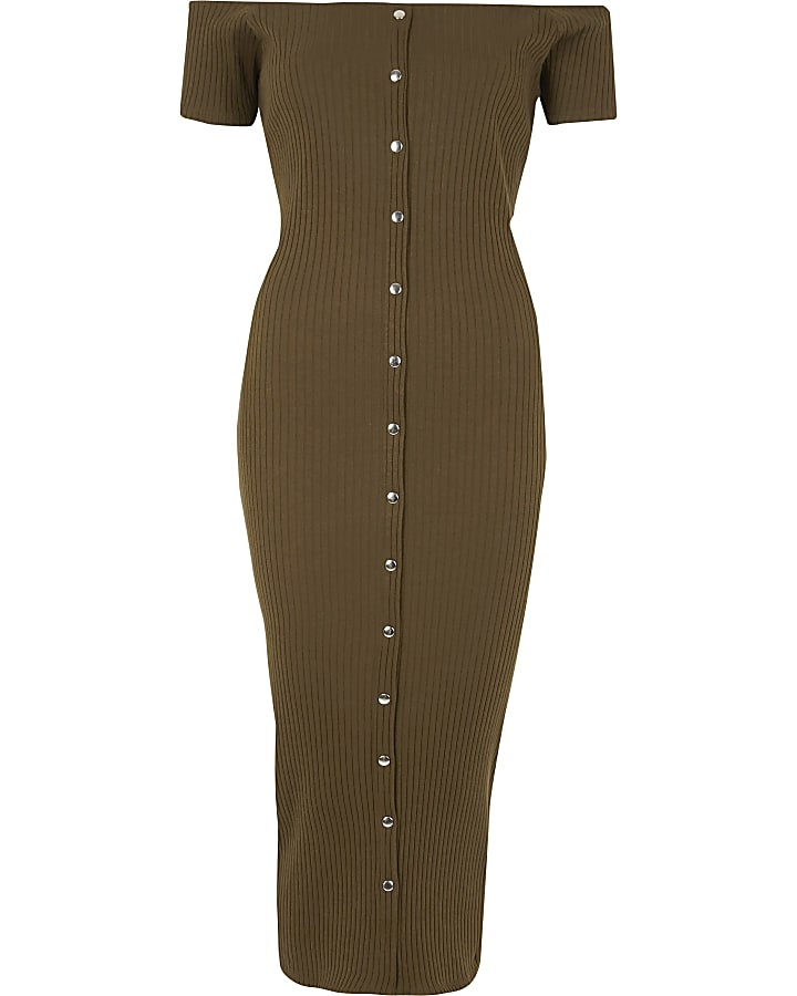 Khaki bardot button-up bodycon maxi dress