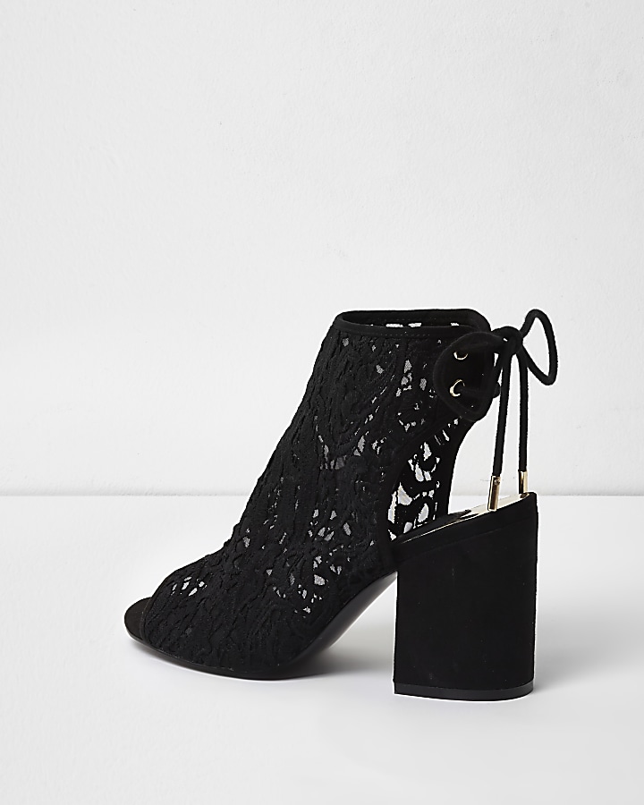 Black lace mesh block heel shoe boots