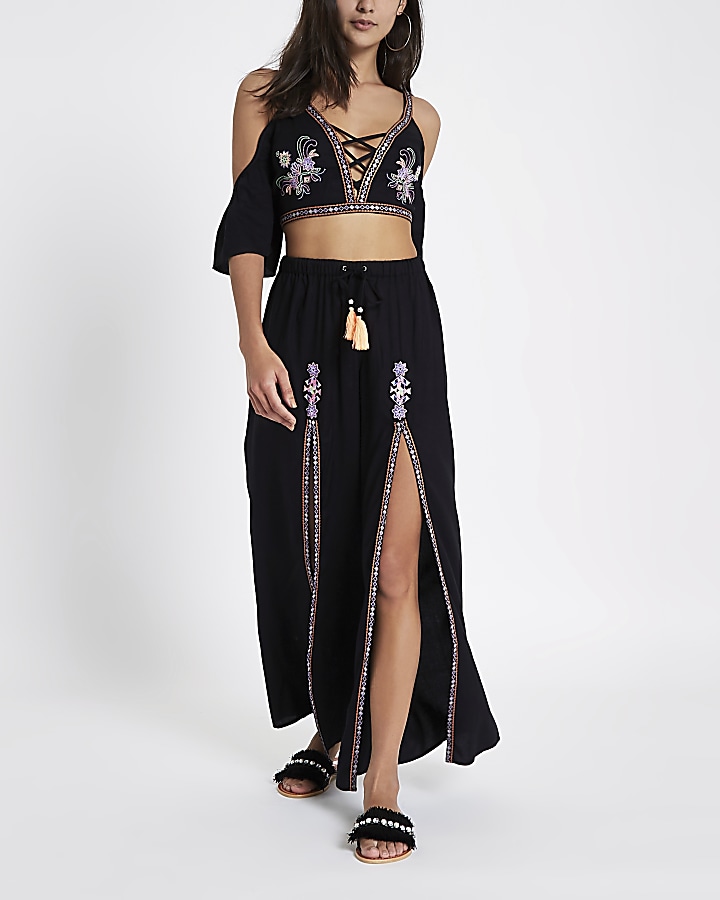 Black split embroidered palazzo trousers
