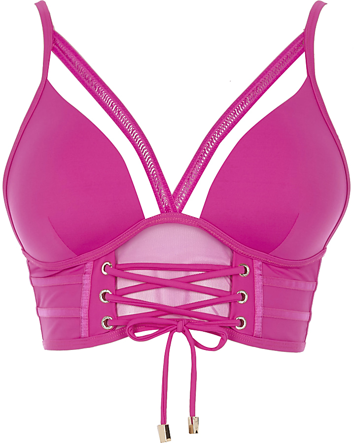 Pink lace-up up corset longline bikini top