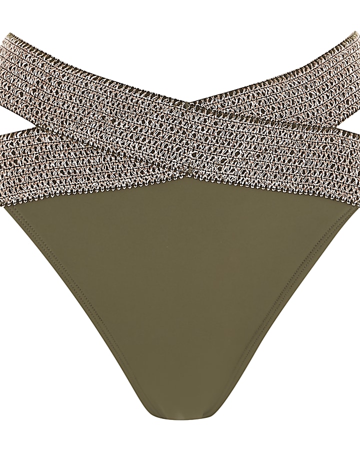 Khaki metallic elastic strappy bikini bottoms