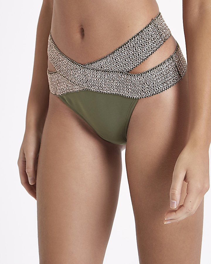 Khaki metallic elastic strappy bikini bottoms
