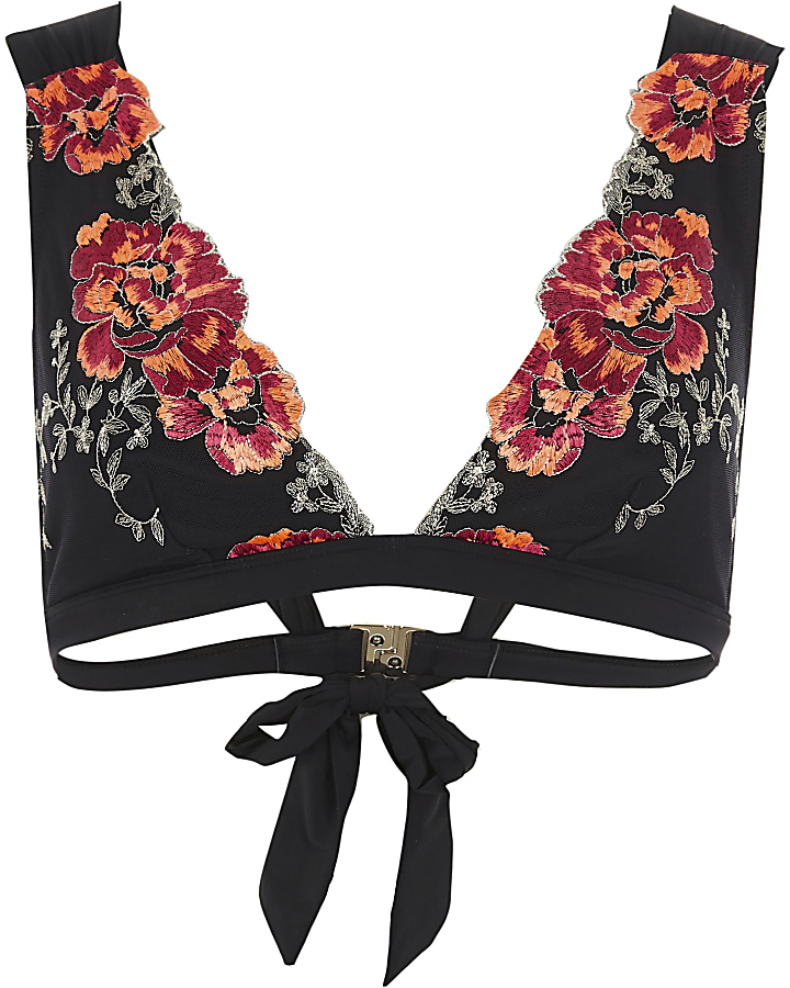 Black floral embroidered triangle bikini top