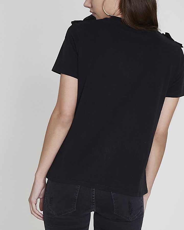 Petite black ‘happy’ bow shoulder T-shirt