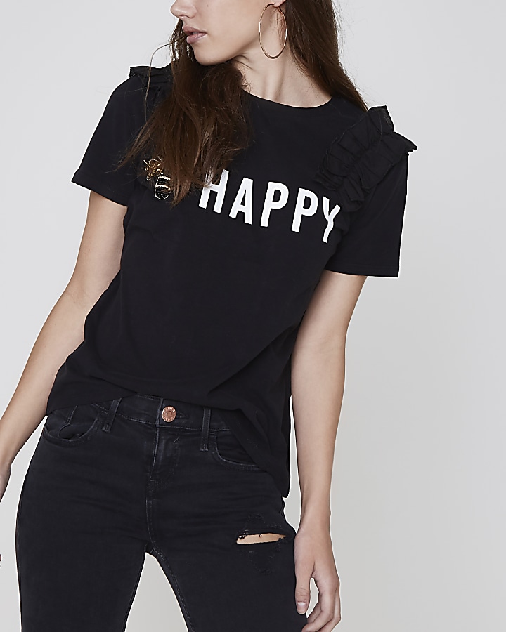 Petite black ‘happy’ bow shoulder T-shirt