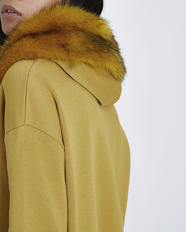 Yellow faux fur hood longline hoodie