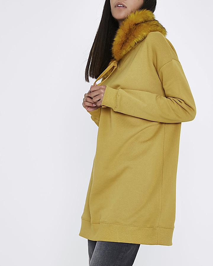 Yellow faux fur hood longline hoodie