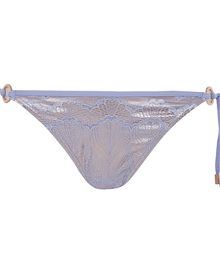 Blue metallic lace tie side bikini bottoms