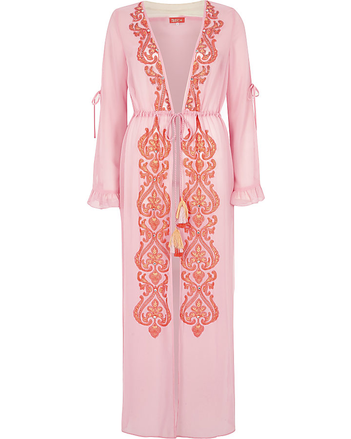 Bright pink embroidered maxi beach cover up