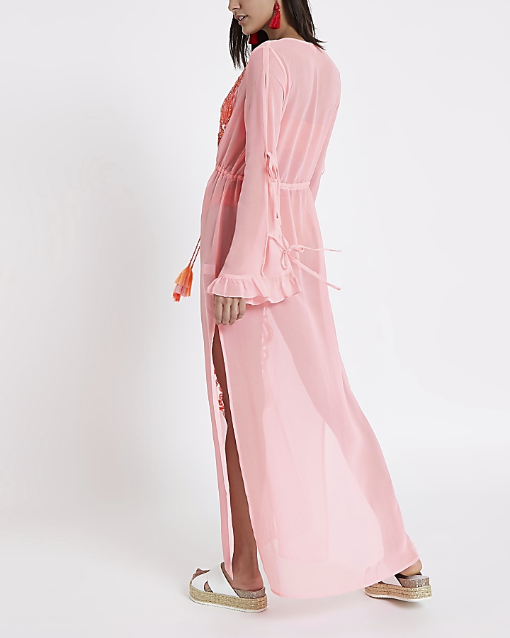 Bright pink embroidered maxi beach cover up