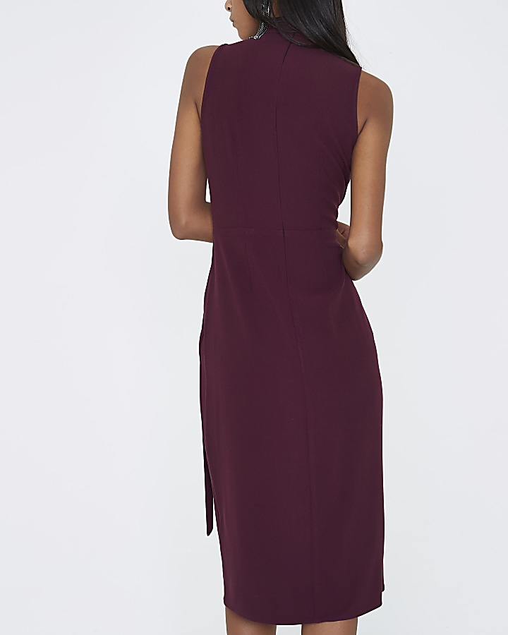 Dark purple high neck sleeveless wrap dress