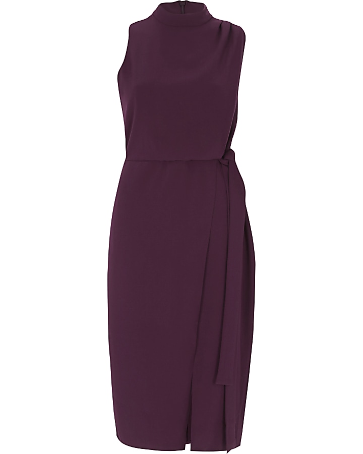 Dark purple high neck sleeveless wrap dress