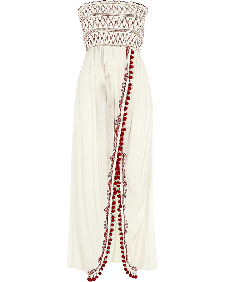 White shirred bandeau split maxi beach dress