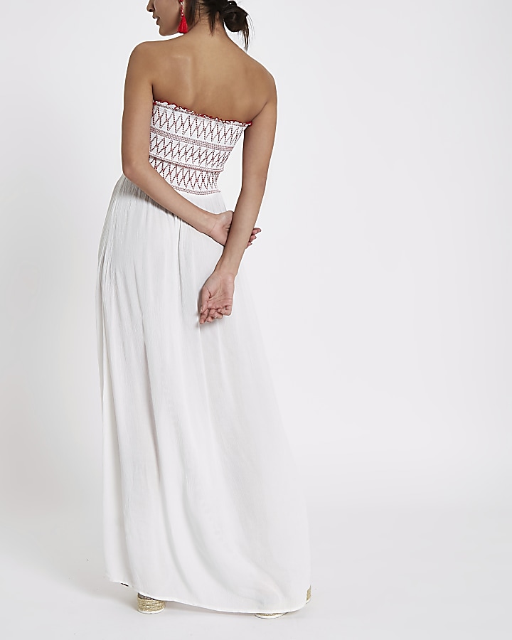 White shirred bandeau split maxi beach dress