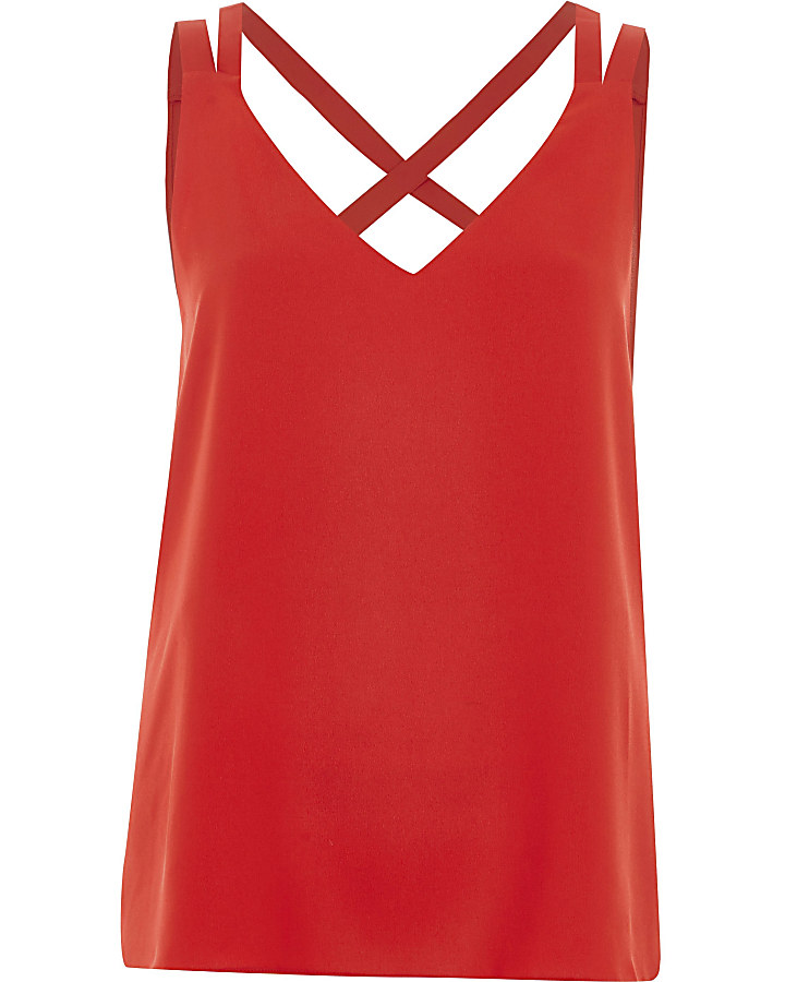 Petite red cross back double strap cami top