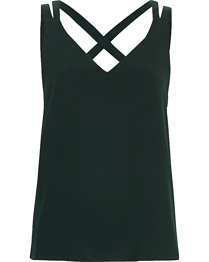 Petite green cross back double strap cami top