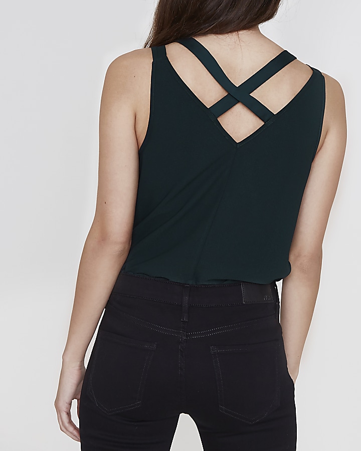 Petite green cross back double strap cami top