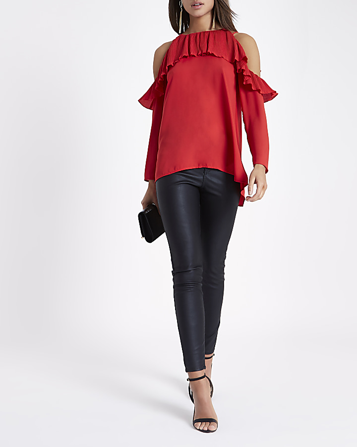 Red cold shoulder pleated frill blouse