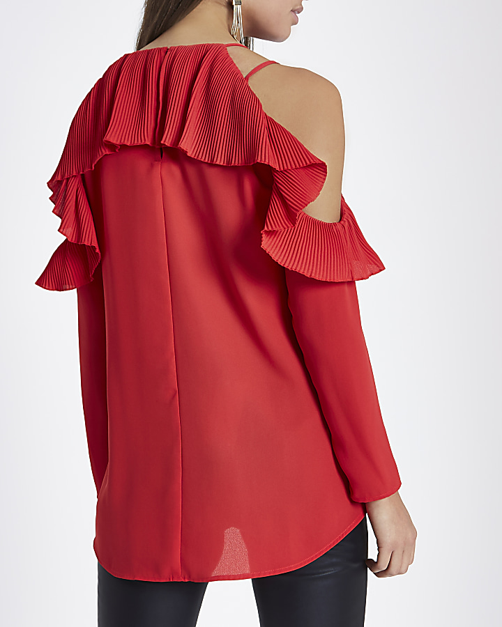 Red cold shoulder pleated frill blouse