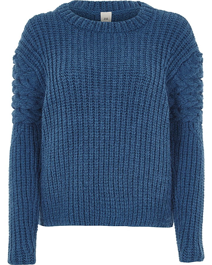 Blue chunky cable knit sleeve jumper