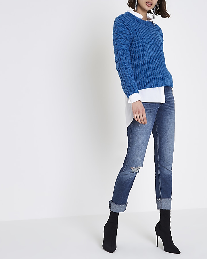 Blue chunky cable knit sleeve jumper