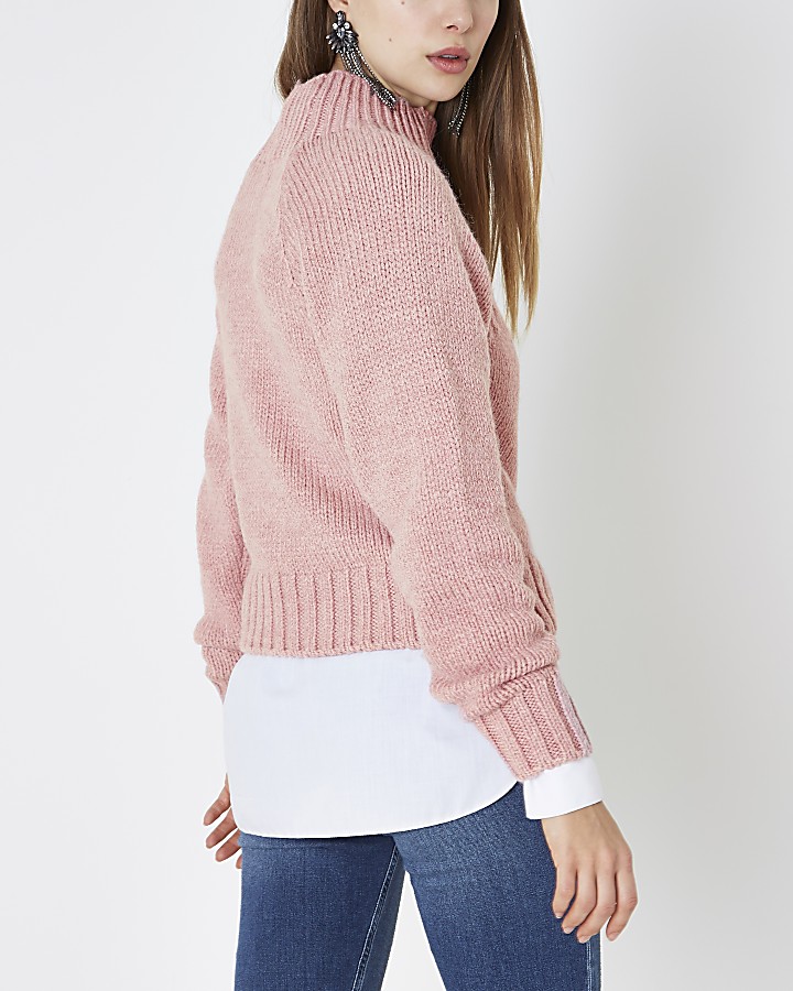 Pink high neck chunky knit jumper