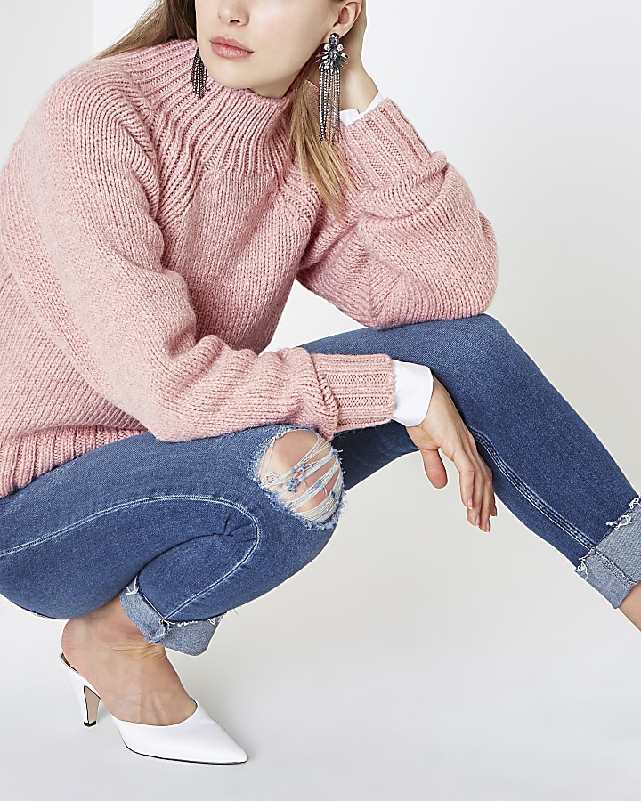 Pink high neck chunky knit jumper