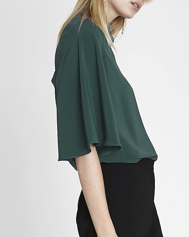Teal green high neck cape sleeve top