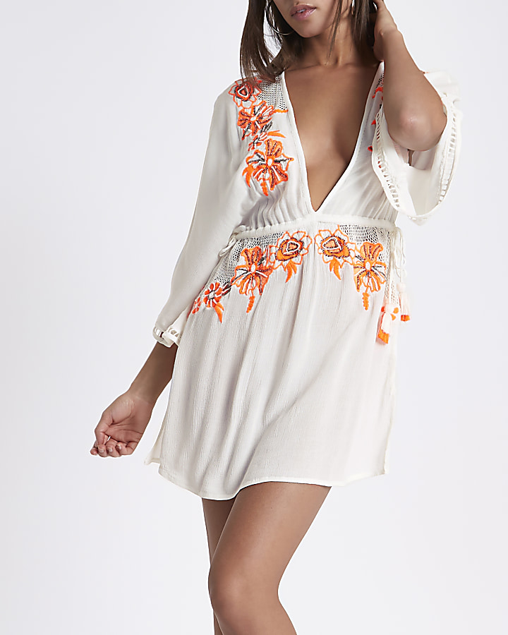 Cream floral embroidered beach cover up