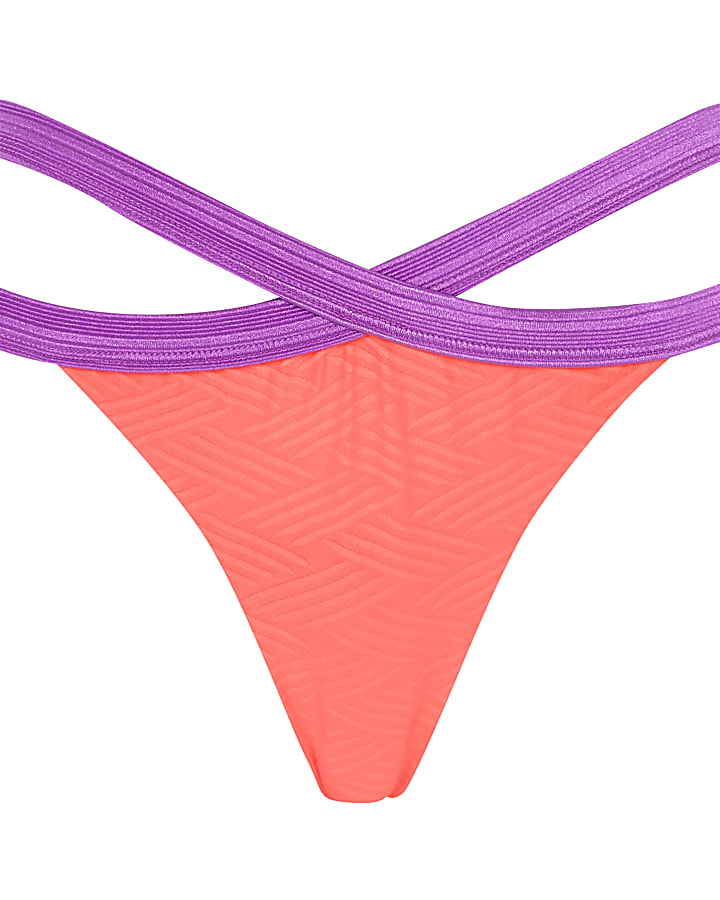 Orange textured strappy thong bikini bottoms