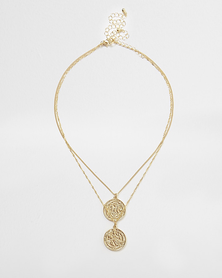 Gold tone double layer coin necklace