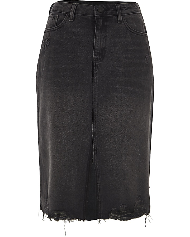 Black distressed split hem denim pencil skirt