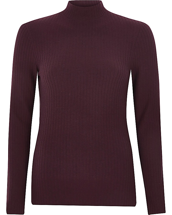 Dark red brushed rib high neck fitted top