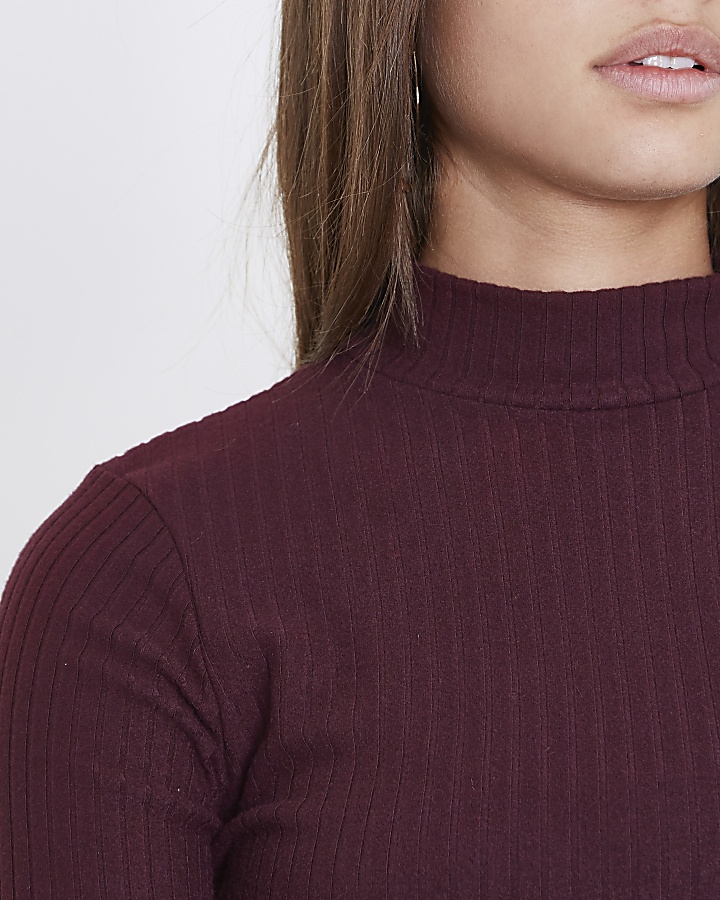 Dark red brushed rib high neck fitted top