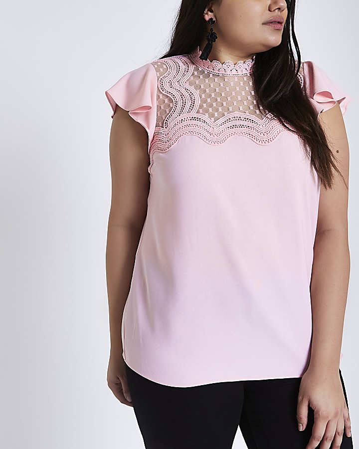 Plus pink crochet scallop frill shell top