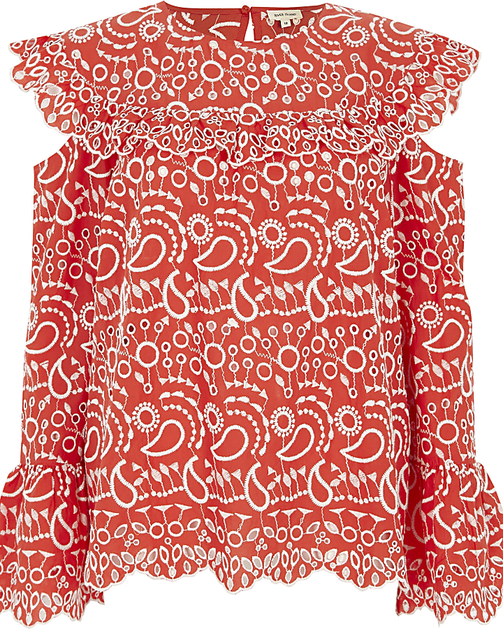 Red broderie frill bib top