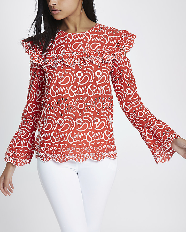 Red broderie frill bib top