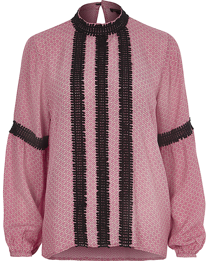 Pink tile lace trim high neck blouse