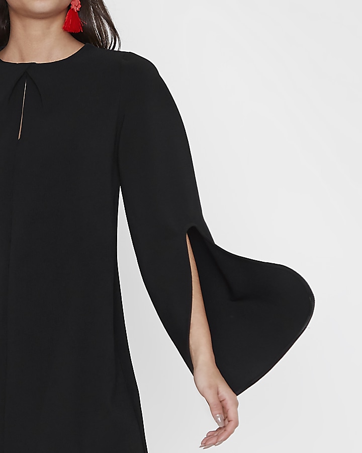 Black long split sleeve swing dress