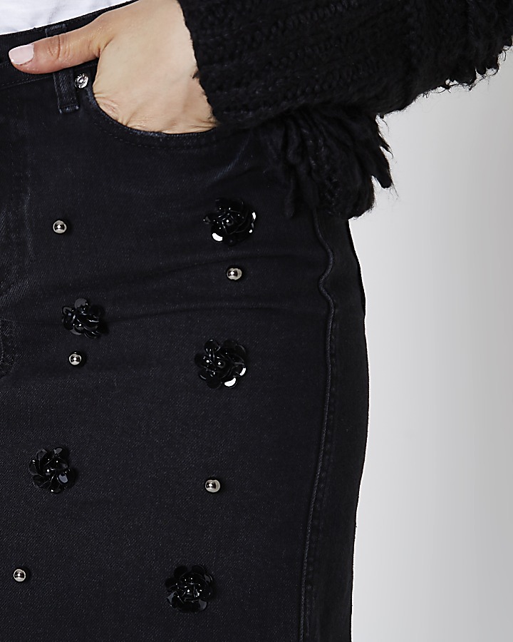 Black flower sequin embellished denim skirt