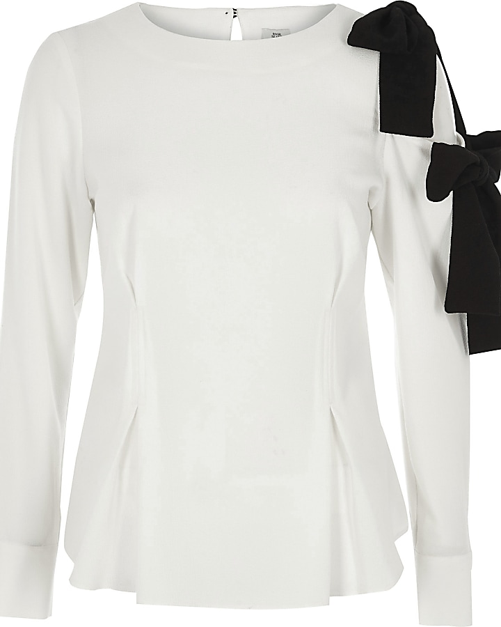 Cream mono bow shoulder blouse