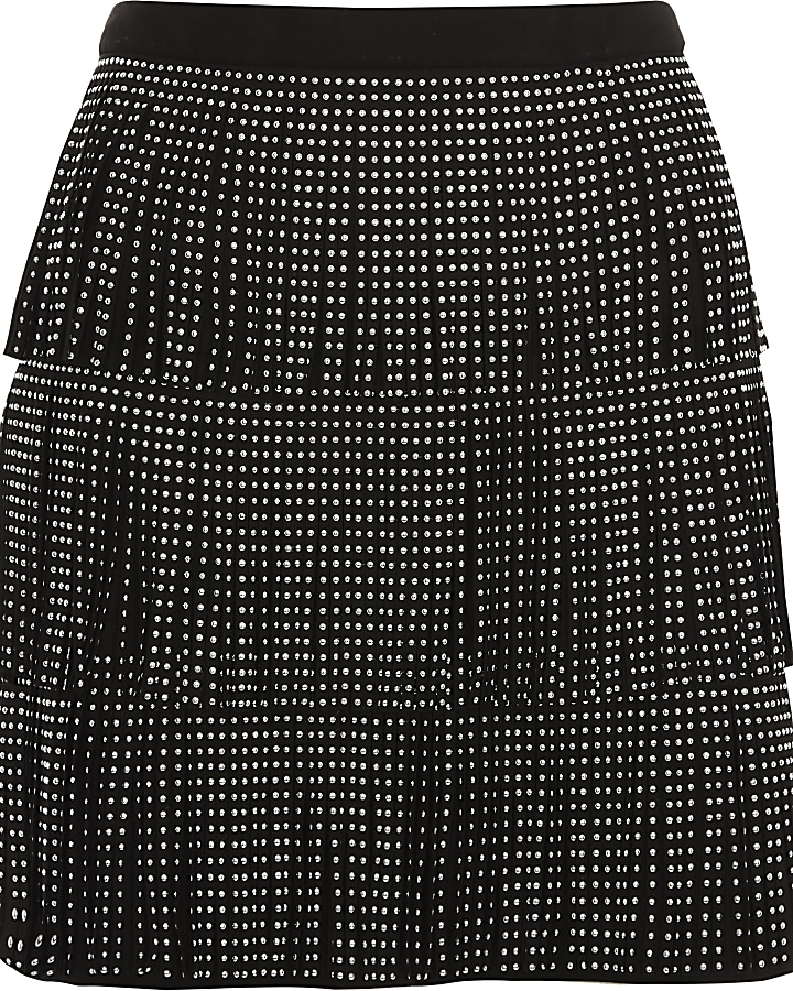 Black studded fringe faux suede mini skirt