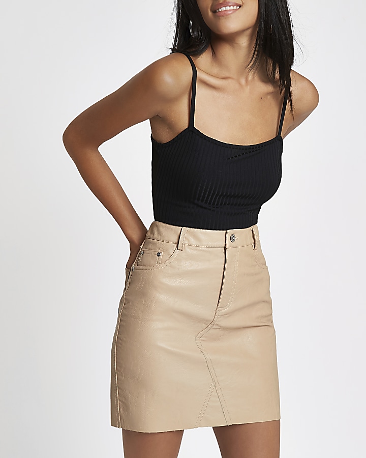 Beige faux leather mini skirt