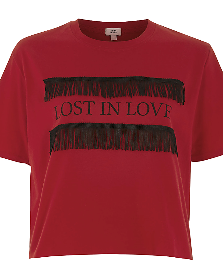 Red 'lost in love' fringe cropped T-shirt