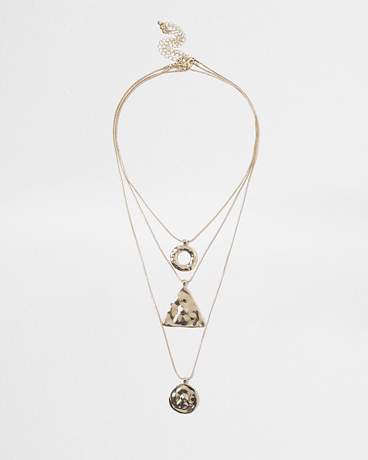 Gold tone multi row shape pendant necklace