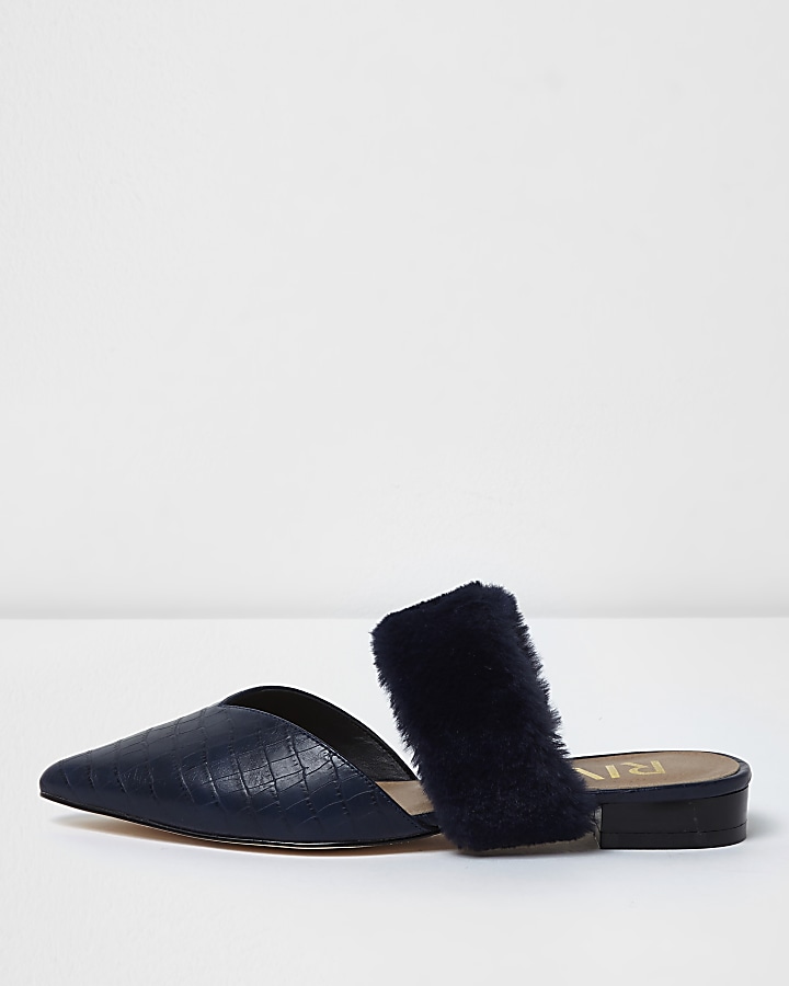 Navy croc faux fur strap pointed mules
